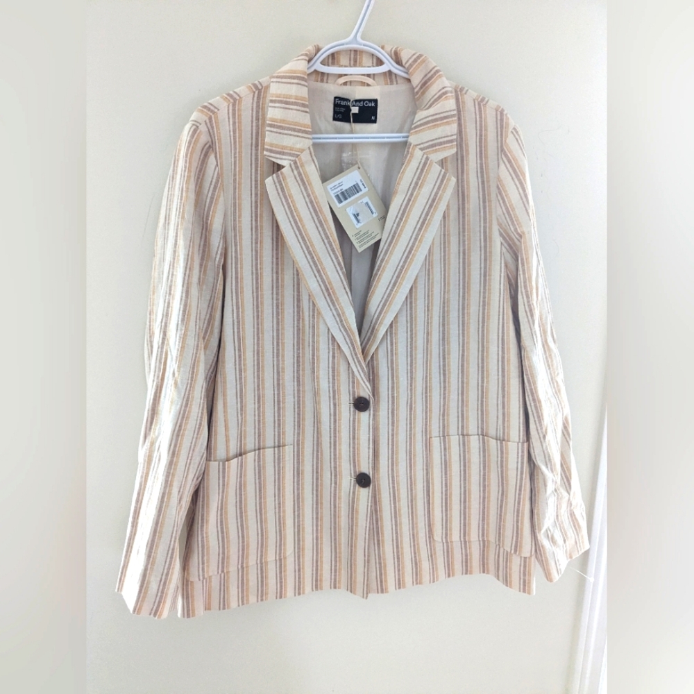 NWT Frank and Oak Striped Neutral Beige and Brown Hemp Preppy Blazer Size L